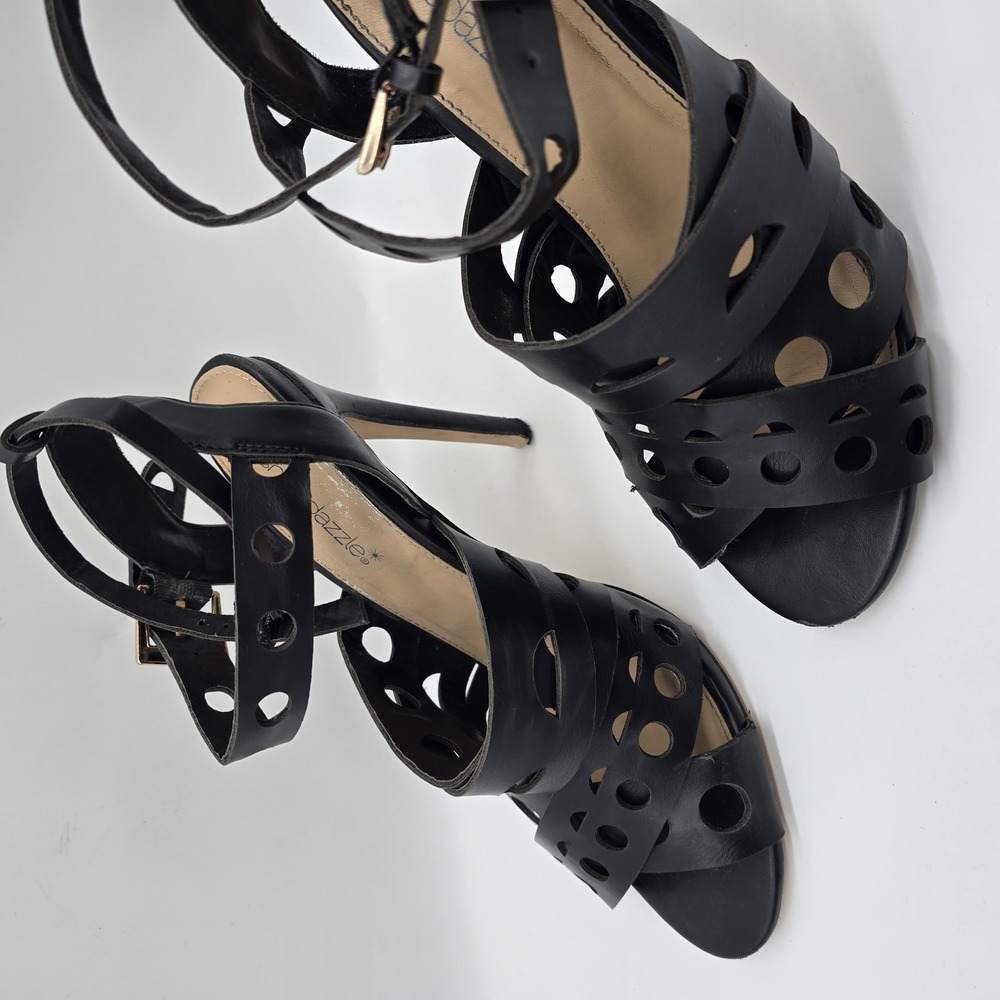 Black Faux Leather Laser Cut Strappy Heels - Size 8.5 - Picture 8 of 16